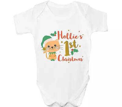 Personalised First Christmas Baby Grow Suit 1st Xmas Boys Girls Cat Any Name • £6.99