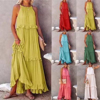 Womens Summer Camisole Ruffle Loose Long Dress Ladies Holiday Beach Casual Dress • £13.39