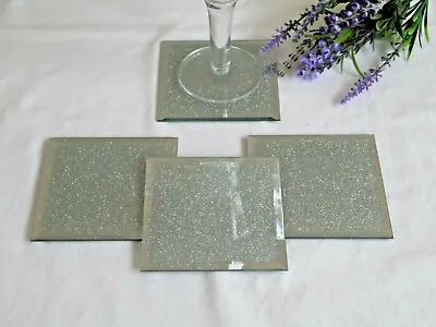 £6.95 • Buy 4 Silver Square Mirror Glass Glitter Sparkly Coasters Drink Tea Coffee Table Mat