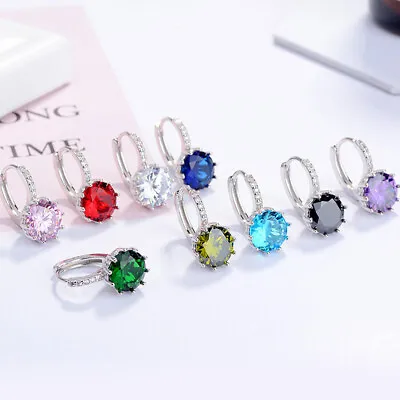 Round Crystal Ear Buckle Hoop Huggie 925 Sterling Silver Earrings Womens Jewelry • $7.51