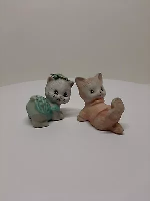 Vintage Kitty Cat Pink Green Sweater Porcelain Figurine  Taiwan (Set Of 2) D1 • $15