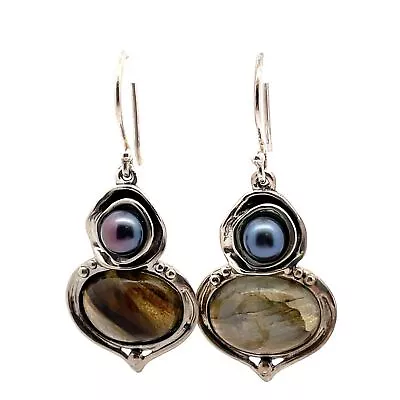 Hagit Gorali Sterling Silver Labradorite And Black Pearl Pierced Earrings • $76