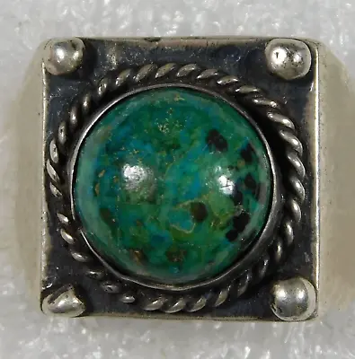 NATIVE AMERICAN Cast STERLING TURQUOISE Cab HANDMADE Vintage Mans RING Size 10.0 • $109