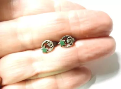 Green Stone Inlay Sterling Silver Celestial Moon Star Pierced Earrings Vintage • $10.36