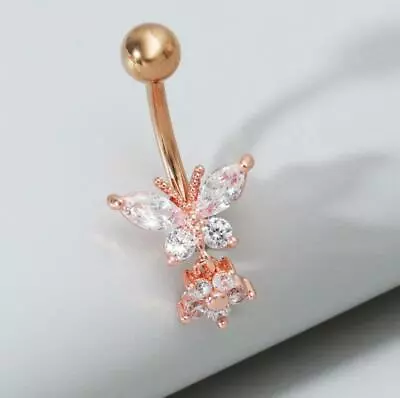 Zircon Butterfly Navel Bar Rings Crystal Belly Button Bars Flower Dangle Jewelry • £3.95