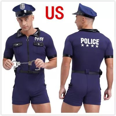 US Men Cop Outfits Policeman Role Play Costume Zipper Short Sleeve Jumpsuit Set • $29.69