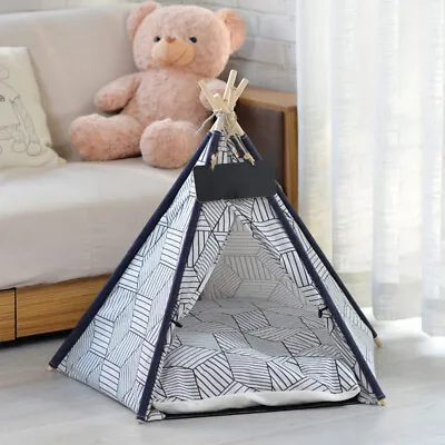 Grey Rhombus Pet Dog Cat Tent Foldable Teepee Cat Bed Dog House+Washable Cushion • £8.95