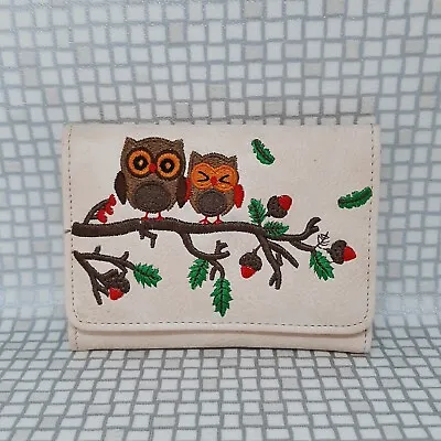 £9.99 • Buy Embroidered Owls Womens Purse Wallet Card Holder Faux Leather Cream Small Ladies
