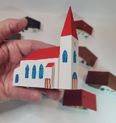 Vtg Mini Christmas Village Houses Wood Set Of 10 Church Houses European Look • $32.95