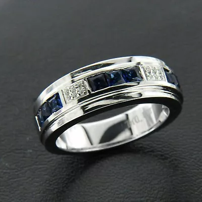 2Ct Princess Lab-Created Blue Sapphire Men's Wedding Ring 14K White Gold Plated • $94.49