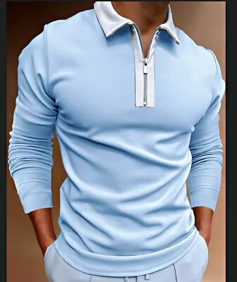 Polo Shirt Mens Zipper Collar Fashion Golf Light Blue White Contrast Long Sleeve • $25.86