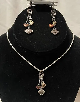Sterling Silver Necklace & Ear Rings W/ Harley Davidson And Heart Pendants • $44.50