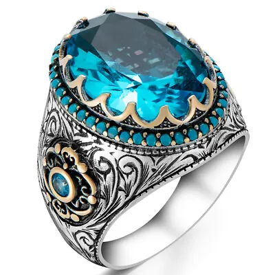 Solid 925 Sterling Silver Blue Topaz Stone Men's Ring With Turquoise Details • $54.90