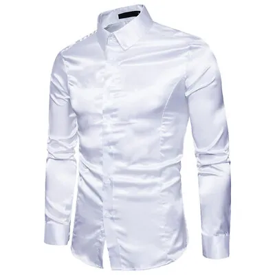 Mens Satin Shiny Silk Party Smart Casual Dress Wedding Grandad Shirt Formal Tops • £14.89