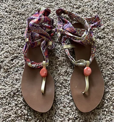 Zingara Gold Strappy Printed Tie Up Boho Sandals Womens Size 8 • $9.99