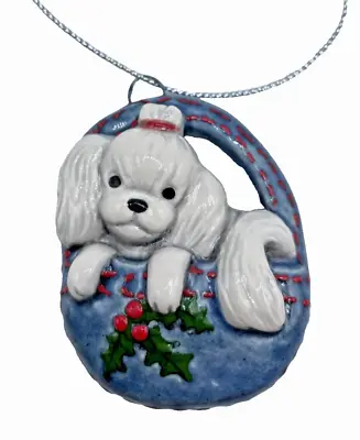 Maltese Dog Christmas Denim Bag Ornament Ceramic Sculpture By Artist OOAK • $44.90