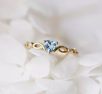 14K Gold Sea Blue Topaz Love Heart CZ Diamond Ring Women Anniversary Engagement  • $22.49