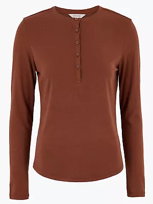 £9.99 • Buy Ex-M & S Per Una Rust Henley Modal-Rich Ribbed Jersey Long Sleeved Top - BNWOT