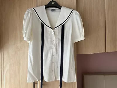 Laura Ashley Cream Ivory Shirt Top Blouse Sailor Collar Blue Trim Size 12 Cotton • £50