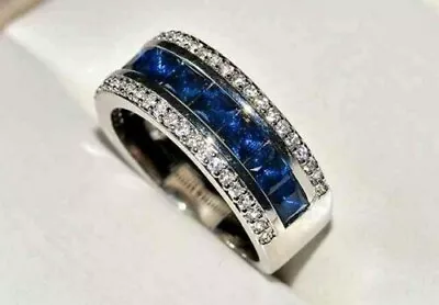 3CT Princess Lab Created Sapphire Men's Wedding Band Ring 14K White Gold Plated • $127.99