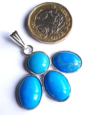 Sterling Silver Mounts &  3 X 14 X 10 & 1 X 10 Mm Turquoise Cabochons Pendant. • £45