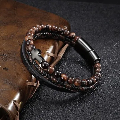 Men's 3Layer Tiger Eye Braided Leather Bracelet Stainless Steel Christian Bangle • $12.06
