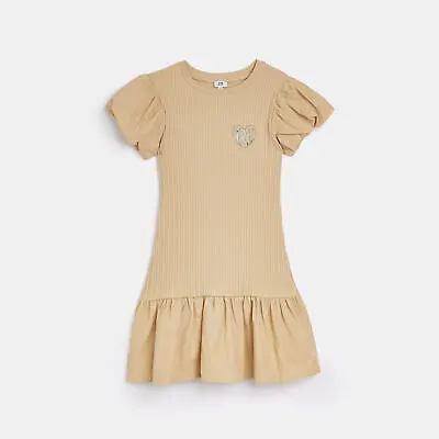 River Island Girls Peplum Dress Stone Puff Short Sleeve Ribbed Ri Embroidery • £7