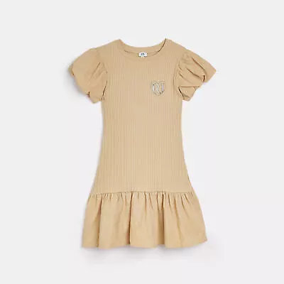 River Island Girls Peplum Dress Stone Puff Short Sleeve Ribbed Ri Embroidery • £7