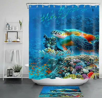 Sea Turtle Shower Curtain Tropical Sea Underwater World Bathroom Accessories Set • $10.99