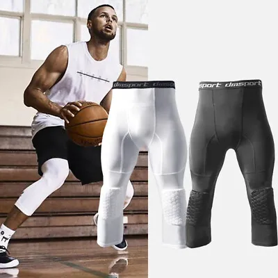 Men's Basketball Sports Tight Pants ¾ Compression Workout Leggings W/Knee Pads • $18.99