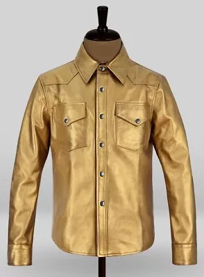 Men's Shirt Style Golden Snap Closure Unique Handmade Biker Leather Jacket New • $170