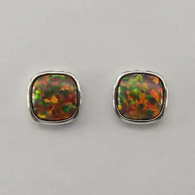 Mexican Fire Square FIRE OPAL Post Stud Earrings - 925 STERLING SILVER #668e • $24.47