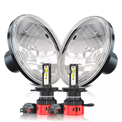 7  Stock Glass Lens Metal Headlight 6v 6-Volt 6k LED H4 Light Bulb Headlamp Pair • $135.99