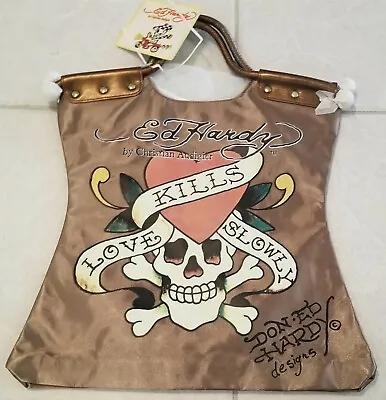 Vtg NEW Ed Hardy LKS LOVE KILLS SLOWLY Large Brown Bronze Nylon Tote Bag Purse • $23.98