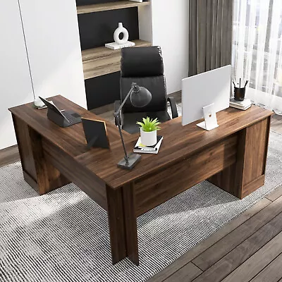 Practical L-Shaped Computer Desk W/ Spacious Desktop & 2 Large Drawers Walnut • $309.99