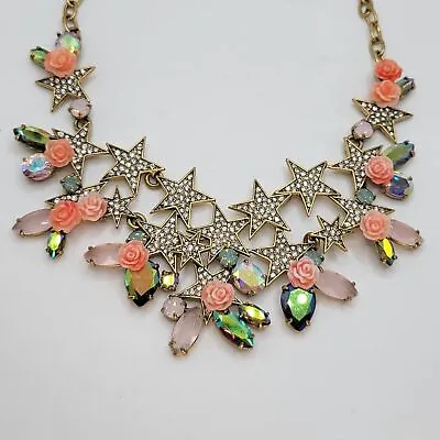 J. Crew | Stunning Stars And Roses Aurora Borealis Rhinestones Goldtone Necklace • $110