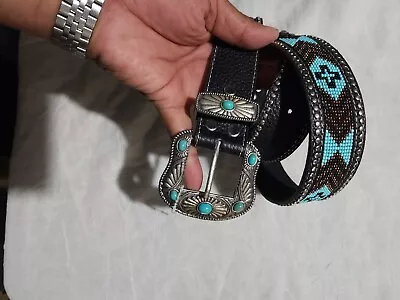 Montana West Belt Size 32 Beaded Rhinestone Silver Turquoise Buckle • $30