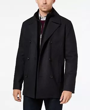 KENNETH COLE Men's Double Breasted Wool Blend Peacoat With Bib Charcoal Grey XL • $52.50