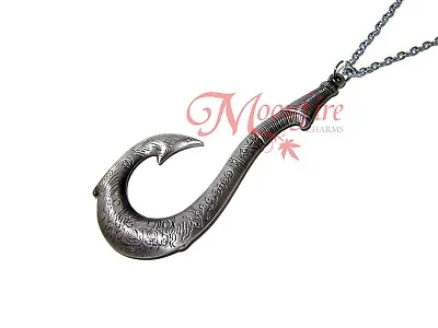 Moana Maui Large Ornate Fish Hook Matau Symbol Pendant Necklace Silver Plated • $19.99