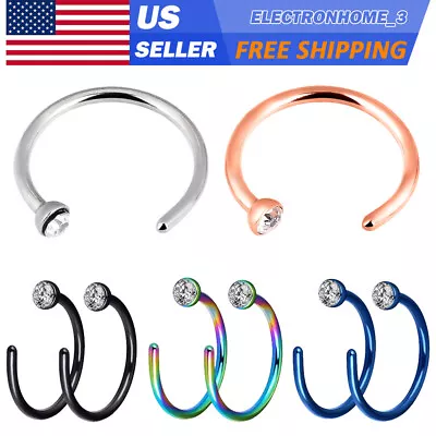 2Pcs C-Shaped CZ Nose Ring Hoop Surgical Steel Ear Lip Tragus Helix Piercing 20G • $3.41