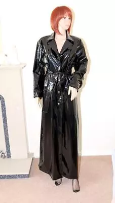 BLACK PVC VINYL GLOSS LATEX LOOK FULL LENGTH GOVERNESS TRENCH COAT MAC Large • $57.39