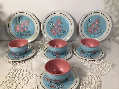 Vintage Metal/ Tin TEA CUP PLAY SET~MCM~Pinks/Blues/BUTTERFLIES FLORAL~11 Pieces • $39.99