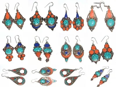 Coral / Turquoise Gemstone Nepali Tibetan Fashion Jewelry Earrings Silver Plated • $40.07