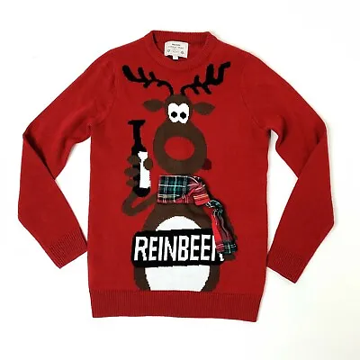 Next Mens Merry Christmas Red Reinbeer Pullover Party Knitted Jumper Size S • £9.20