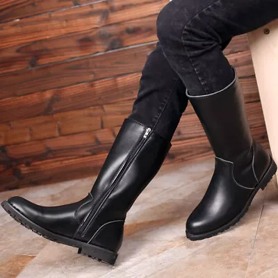 Mens Knee High Boots Combat Flat Heels Shoes Knight Riding Boots Side Zip Size • £70.79