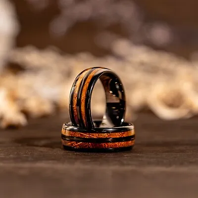 Whiskey Barrel Ring Wood Unique Mens Wedding Band Black Solid Tungsten Ring • $99.99