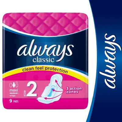 £4 • Buy Always Classic Maxi Sanitary Towels Long With Wings Size 2 Pack Of 9 Pads