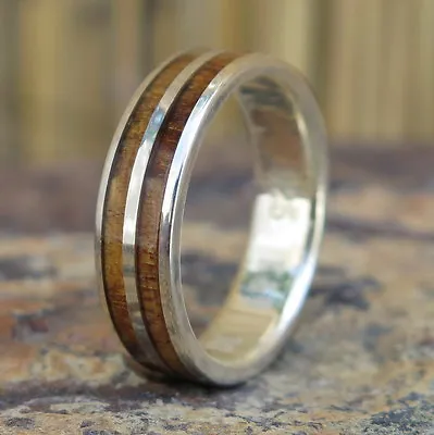 Hawaiian 925 Sterling Silver Koa Wood Double Inlay Wedding Ring Band 6mm SWR1007 • $78.99