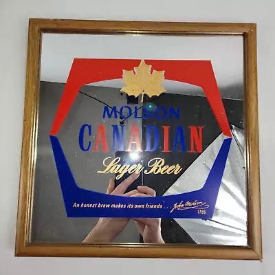 Molson Canadian Beer Mirror Vintage 13 X13  Bar Pub Sign Wood Frame • $49.99