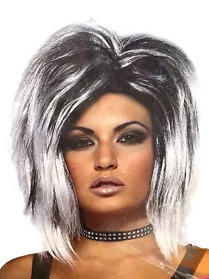 Womens White & Black Punk Rocker Rock Longer Halloween Costume Wig • $14.99